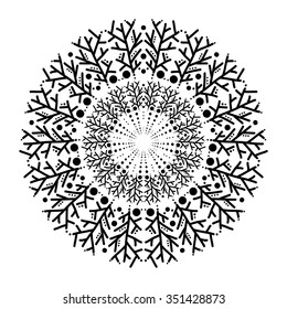 Mandala, a circular pattern from natural plant forms. The branches, seaweed, black and white graphics, painted by hand.