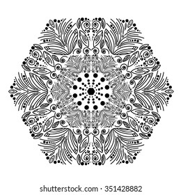 Mandala, a circular pattern from natural plant forms. The branches, algae, leaves, black and white graphics, painted by hand.
