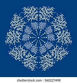 Mandala, a circular pattern from natural plant forms. The branches, seaweed, black and white graphics, painted by hand. White lace on a blue background.
