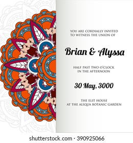 Mandala. The circular pattern.Invitation to the wedding in Indian style.