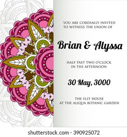 Mandala. The circular pattern.Invitation to the wedding in Indian style.
