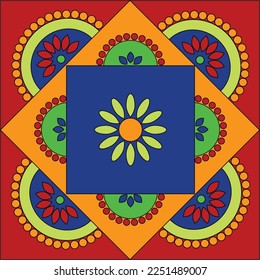 Mandala clay art made from geometric patterns including circles and squares.