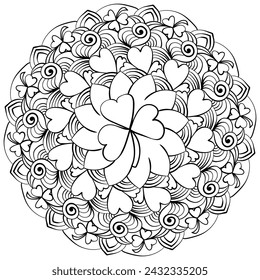 Mandala with clover and fantasy arcs, meditative coloring page vector illustration about luck for St. Patrick's Day