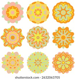 Colección Mandala inspirada en la naturaleza con rosa bebé, amarillo cálido, verde frondoso y naranja suave. Ideal para la marca orgánica, temas al aire libre, habitaciones para niños e ilustraciones de temporada. EPS 10.