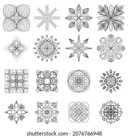 Colección Mandala. ponga a navidad mandala. Mandala, copo de nieve. Elemento de redondeo para colorear. Líneas negras sobre un fondo blanco. Vector. Elementos de decoración étnica. Motivos islámicos, árabes, indios, otomanos.