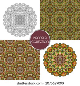 Mandala collection. Set with monochrome and colored mandalas, oriental semless patterns. Orintal, arabic, turkish, ottoman elements	