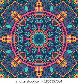Patrón indio festivo de color Mandala. Resumen vectorial geométrico gráfico de impresión psicodélica. Fondo de estilo azteca