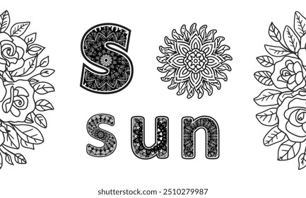 Mandala color page floral kids and adults letter S with sun word art floral design background