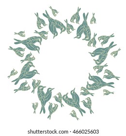Mandala of colored birds. Romantic pattern for postcards. Vector illustration.
