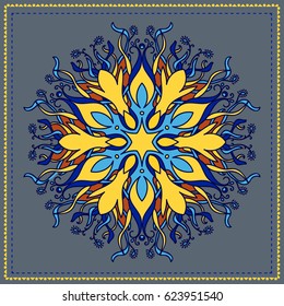 Mandala colored, circular ornament, ethnic pattern  on a blue background