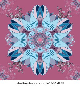 Mandala colored on a blue, neutral and pink colors. Invitation card. Vector vintage pattern.