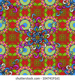 Mandala colored on a green, red and blue colors. Invitation card. Vector vintage pattern.