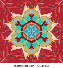 Mandala colored on a red, neutral and blue colors. Invitation card. Vector vintage pattern.