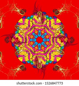 Mandala colored on a red and yellow colors. Vector vintage pattern. Invitation card.