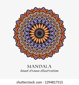 Mandala colored oriental round floral ornament. Colorful vector hand drawn decoration for ethnic prints and design. Meditation isolated tribal circle element illustration on white background