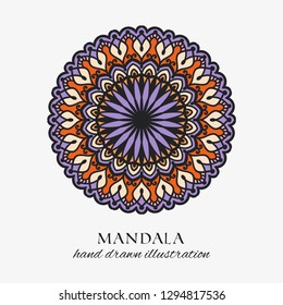 Mandala colored oriental round floral ornament. Colorful vector hand drawn decoration for ethnic prints and design. Meditation isolated tribal circle element illustration on white background