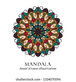 Mandala colored oriental round floral ornament. Colorful vector hand drawn decoration for ethnic prints and design. Meditation isolated tribal circle element illustration on white background