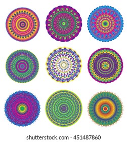 Mandala colored set. Geometric circle element. Mandala for decoration holiday cards, background and sites. Colorful mandala. Kaleidoscope, medallion, yoga, India, arabic style