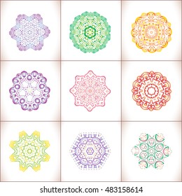 Mandala colored set of vector illustration. Geometric circle element. Ornament invitation card.