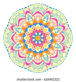 Mandala of colored traditional Indian elements yellow orange range.