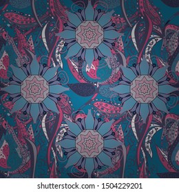 Mandala colored, tribal vintage background with a medallion. Bohemian decorative element, indian henna design, retro circle ornament on pink, blue. Pattern with abstract art flower for Tibetan yoga.