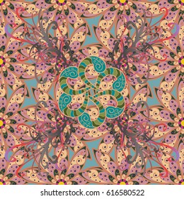 Mandala colored, tribal vintage background with a medallion. Pattern with abstract art flower for Tibetan yoga. Bohemian decorative element, indian henna design, retro circle ornament on.