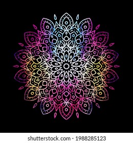 Mandala colorful. Decorative round ornament on black background.Vector hand drawn circular decorative element. Hand drawn ornament. Islam, Arabic, Indian style