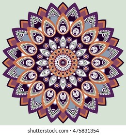 Mandala colorful. East, ethnic design, oriental pattern, round ornament. Illustrated India. For use in fabric decor, fabric design, print, tattoo, fretwork, brooch, hippie jewelery