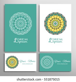Mandala colorful round ornament for logo, icon, label, emblem. Business cards set, company symbol. Decorative doodle art, floral pattern. Isolated elements for boutique, flower shop. Interior decor