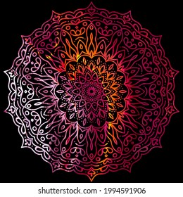 Mandala colorful, tracery wheel, black background, mehndi design. Ethnic ornament, Folk traditional spiritual tribal design. Curved shape, red mandalas.