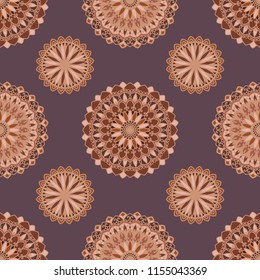 Mandala colorful vector seamless pattern. Abstract geometric texture. Hand drawn background with decorative elements in brown and beige colors