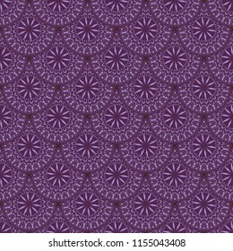 Mandala colorful vector seamless pattern. Abstract geometric texture. Hand drawn background with decorative elements in purple colors