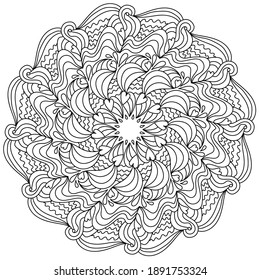 Mandala coloring book about love, hearts and patterns in the form of a round symmetrical zen frame, anti stress meditative drawing for Valentine's day illustration