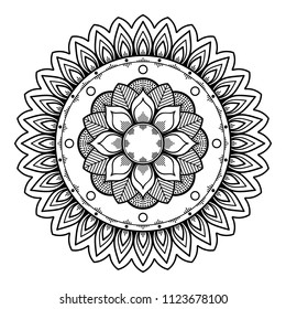 Mandala for coloring book. Decorative round ornament pattern. Hand drawn background. Can be used for coloring book, greeting card, phone case print, etc. Vector Henna Tattoo style. Yoga logos Vector.
