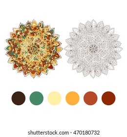 Mandala for coloring book. Decorative round ornament. Outline and color. Anti-stress therapy pattern. Weave design element. Oriental vector.
