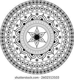 A mandala coloring book design features intricate, symmetrical patterns that radiate from a central point, creating a sense of balance, harmony, and calm.