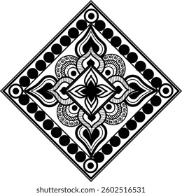 A mandala coloring book design features intricate, symmetrical patterns that radiate from a central point, creating a sense of balance, harmony, and calm.