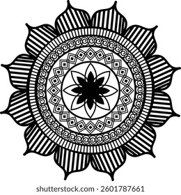 A mandala coloring book design typically features intricate and symmetrical patterns that radiate outward from a central point.