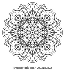 Libro de colorear Mandala. patrón de encaje y tatuaje de tarjeta de felicitación, patrón de baldosas de diseño de yoga. Arte mural, paredes sin límites. vector mandala dibujado a mano. 