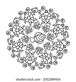 Mandala coloring book for kids with sea turtles and fish. Vector illustration in round. Hand drawn animals and waves