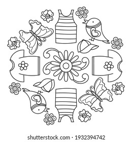 Mandala coloring book for kids. Summer coloring book with T-shirts, baseball caps, birds and flowers . Vector illustration