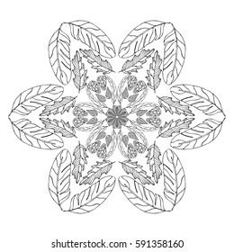 Mandala for coloring book page. Abstract decorative round ornament. Antistress art for adults. Vector design element. Natural, weave, floral motifs.