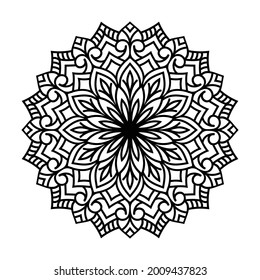 Diseño artístico de la página de libros Mandala Coloring con fondo blanco. tarjeta de felicitación, pegatina, patrón de encaje y tatuaje. decoración de diseño interior. Círculo vectorial de mandala con un patrón de adorno floral.