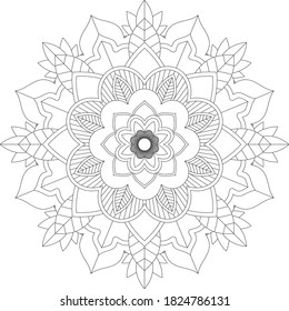 Diseño de páginas del libro Coloreado de Mandala. Sencillo diseño de color Mandala para principiantes, adultos mayores y niños.  Patrón de flores de Mehndi para el dibujo y tatuaje de Henna. Decoración de estilo étnico oriental, indio.