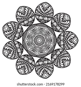 Mandala Coloring Buchvorlage. Tapete-Design, Spitzen-Muster und Tattoo. Dekoration für die Inneneinrichtung. Vektor handgezeichnete ethnisch-orientalische Zirkel-Ornament. weißer Hintergrund. indischer Stil