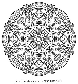 Libro de colorear Mandala. arte en la pared, diseño de papel pintado, patrón de azulejos, camisa de pintura, tarjeta de saludo, pegatina, diseño de encaje de yoga y tatuaje. Ornamento del círculo étnico oriental vectorial. sobre fondo blanco