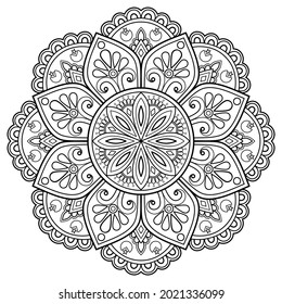 Libro de colorear Mandala. arte en la pared, diseño de papel pintado, patrón de azulejos, camisa de pintura, tarjeta de saludo, pegatina, diseño de encaje de yoga y tatuaje. Ornamento del círculo étnico oriental vectorial. sobre fondo blanco