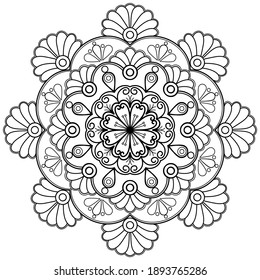 libro mandala Coloring. diseño de papel pintado, patrón de azulejos, camisa, tarjeta de saludo, pegatina, patrón de encaje y tatuaje. decoración de diseño interior. vector dibujado a mano. fondo blanco