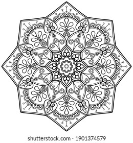 libro mandala Coloring. diseño de papel pintado, patrón de azulejos, camisa, tarjeta de saludo, pegatina, patrón de encaje y tatuaje. decoración de diseño interior. Ornamento del círculo étnico oriental vectorial. fondo blanco