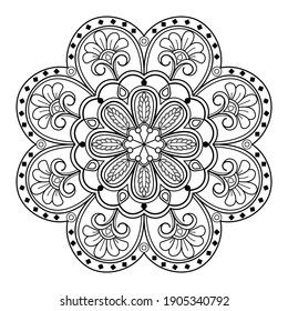 libro mandala Coloring. diseño de papel pintado, patrón de azulejos, camisa, tarjeta de saludo, pegatina, patrón de encaje y tatuaje. decoración de diseño interior. Ornamento del círculo étnico oriental vectorial. fondo blanco